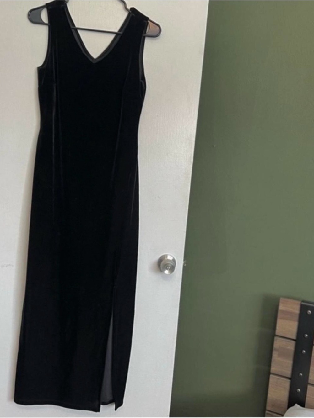 90s vintage fashion bug black velour high slit 
 sleeveless v neck midi dress